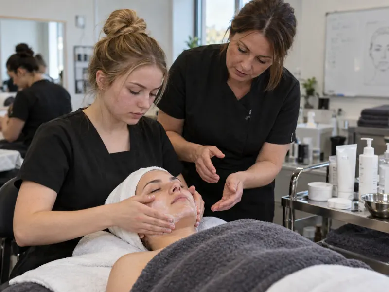 A tutor teaching students in a beauty academy