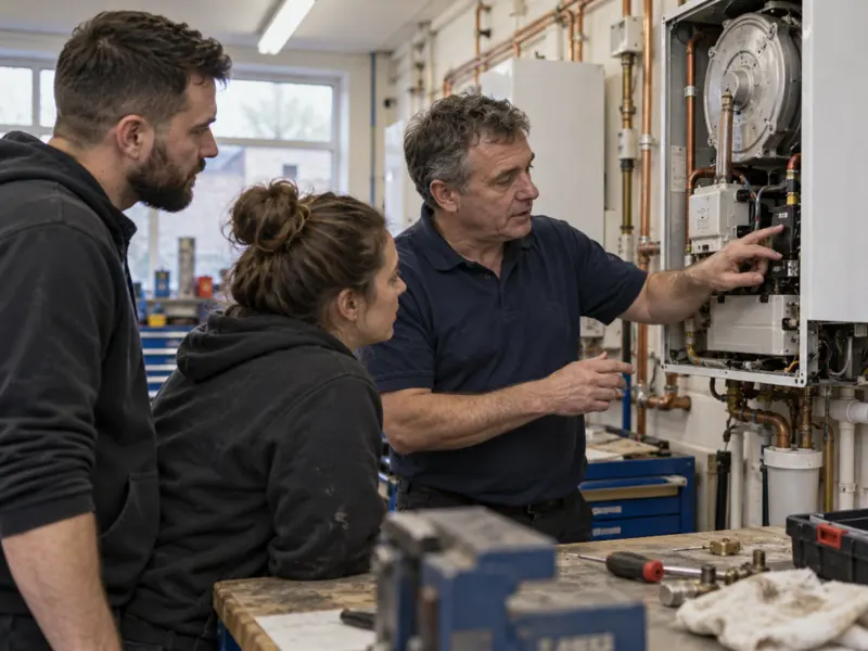 An instructor guiding trainees at a gas training rig